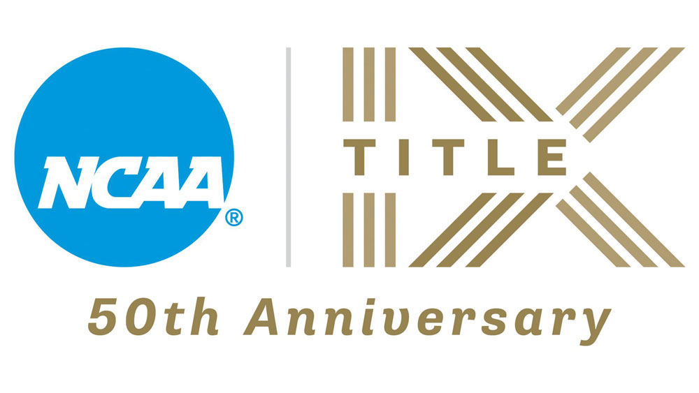 Blue circle NCAA logo beside a gold block script that says Title 9, with 9 in Roman numerals
